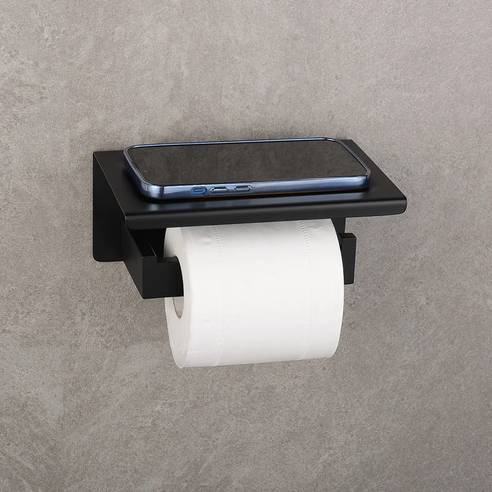 Description Picture 2 of itemBathroom Hardware Toilet Paper Holder With Placement Shelf Roll Paper Holder Matte Black And Brushed Gold Color