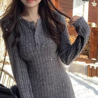 Robe en tricot à manches longues de style français, vintage, cintrée à la taille, coupe ajustée, col semi-ouvert, nouvelle arrivée printemps-automne pour femmes 4