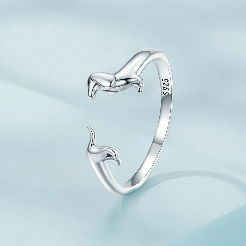 WOSTU 925 Sterling Silver Cute Dachshund Dog Adjustable Rings Stud Earrings Original Girl Lovely Pet Jewelry Set Birthday Gift 4