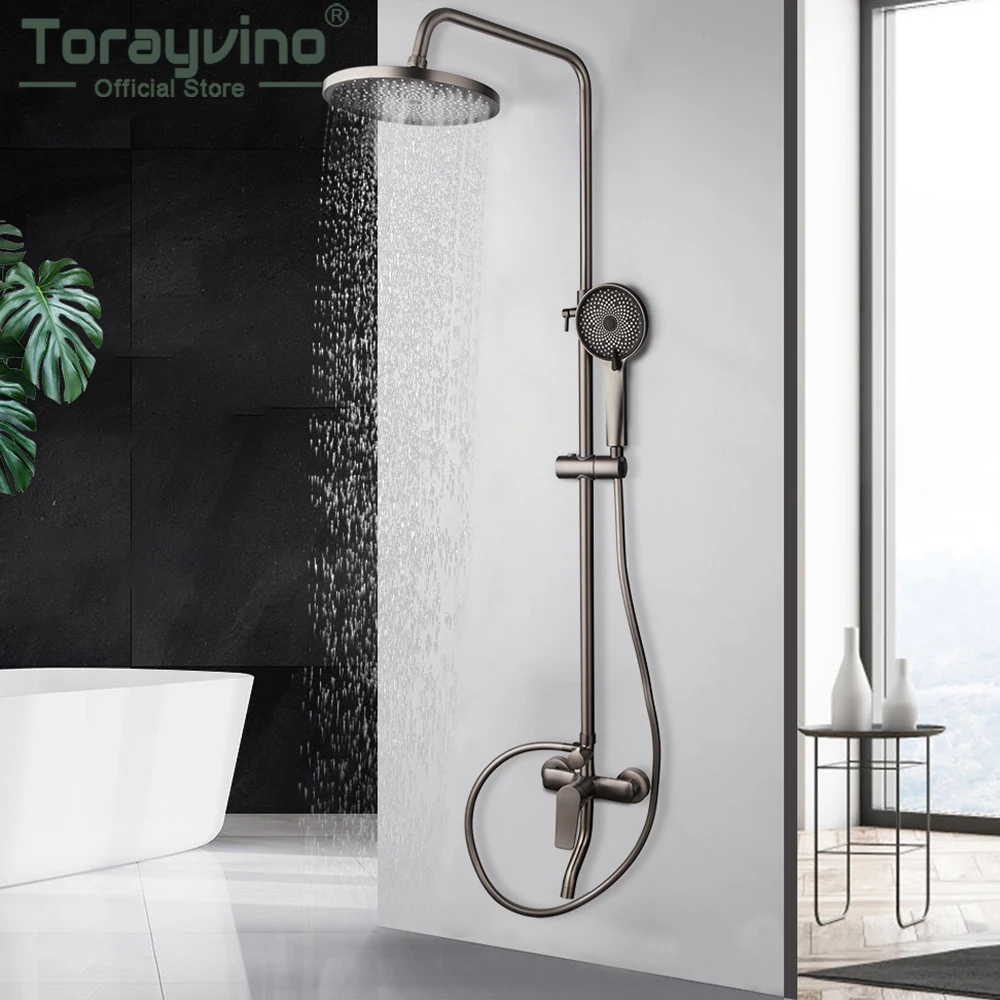

Torayvino Gun Grey Rainfall Bathroom Shower Faucet Set Head 2-Way Mixer Valve Hand Luxury Bathtub Shower Water Tap Combo Kit