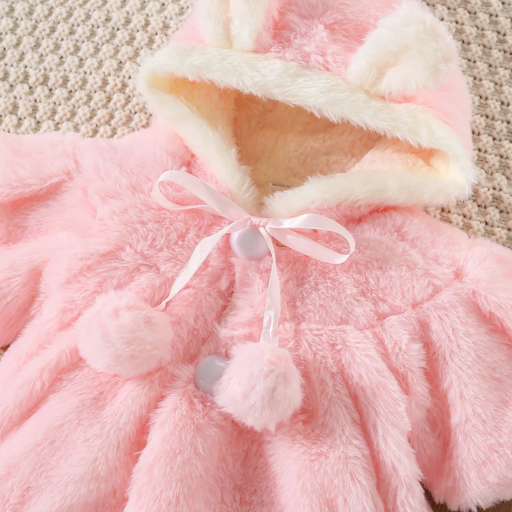 Winter Girls Coat Warm Fashion White Pink Rabbit Ears Hooded Cloak Cute Velvet Thick Coat for Baby