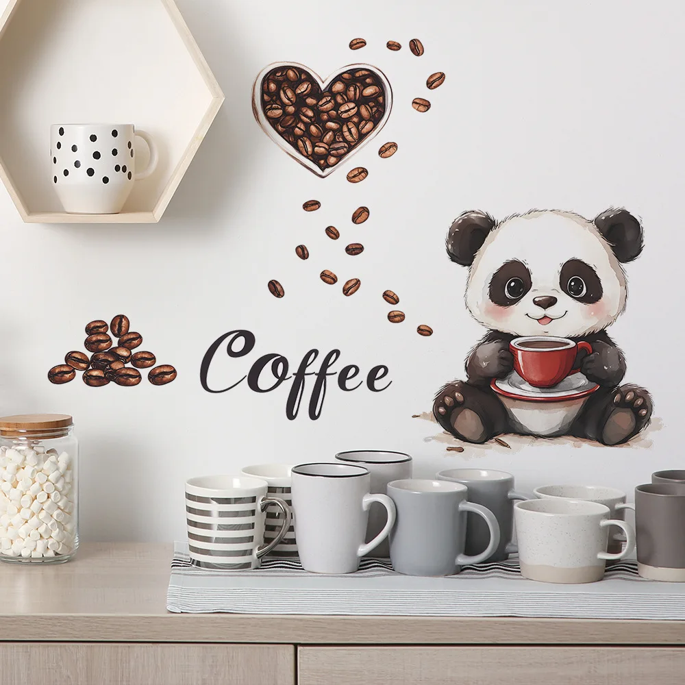 Cartoon Panda Drinking Coffee Wall Sticker Living Room Kitchen Background Decoration Mural Cafe Home Decor Self-adhesive Decals wall stickers