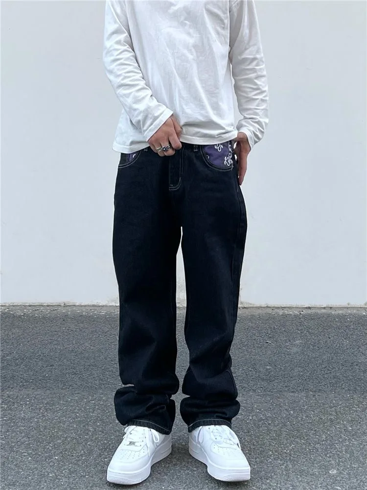 High Street Embroidery Letter Straight Tube Loose Black Jeans Male American Hip Hop Hiphop Retro All Match Pants Tide