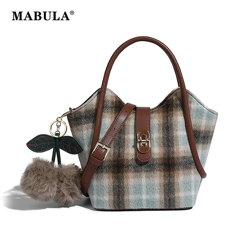 

MABULA Faux Fur Stripe Woman Tote Handbag Vintage Fashion Crossbody Purse With Pendant For Female Ladies Shopping Shoudler Bag