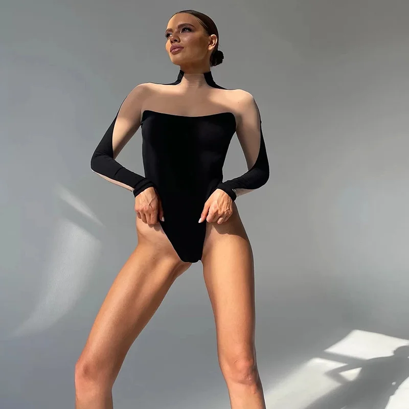 

Zabrina Black Mesh Sheer Sexy Bodysuit For Women Long Sleeve See Through Tops Y2k 2023 New Female High Waist Bodysuits Party