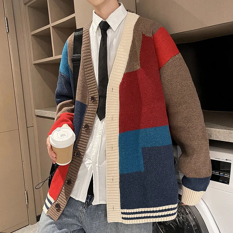 

Plus Size 7XL 6XL 5XL Korean Style Men Patchwork Color Sweatercoat Couple Fashion Autumn Winter Sweaters Knitted Jackets 7XL-M
