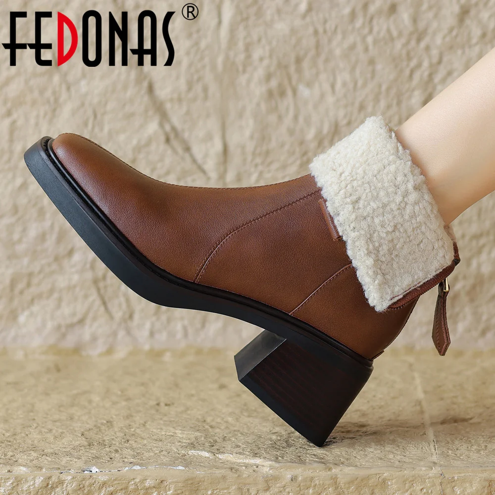 

Женские полусапожки с квадратным носком FEDONAS, коричневые теплые полусапожки из натуральной кожи на толстых каблуках, обувь для офиса на зиму 2023