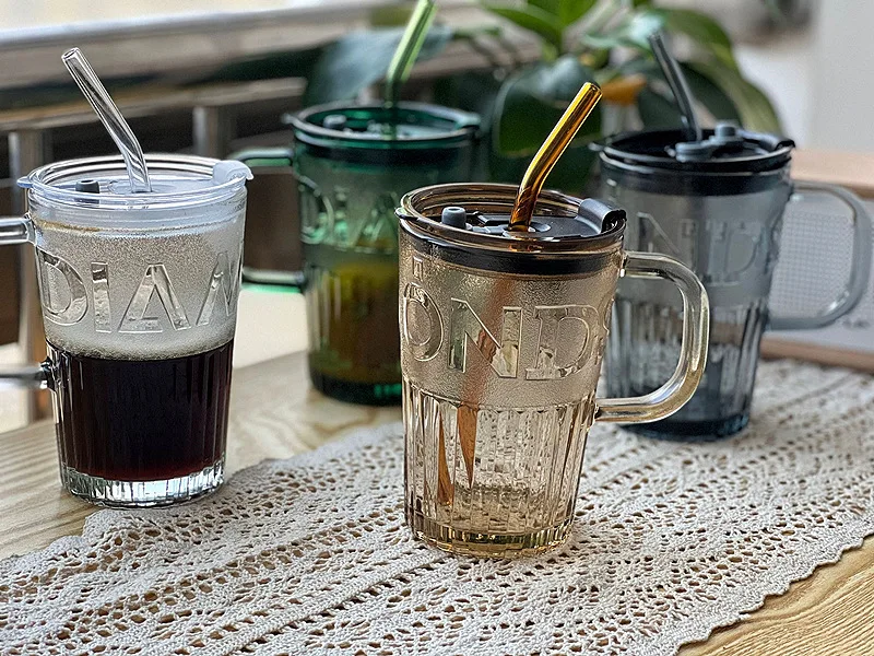 Straw With Glass Cup Coffee Cup With Handle Straw Cup Large Capacity Glass Cup With Cover 400Ml Glass Dinkware