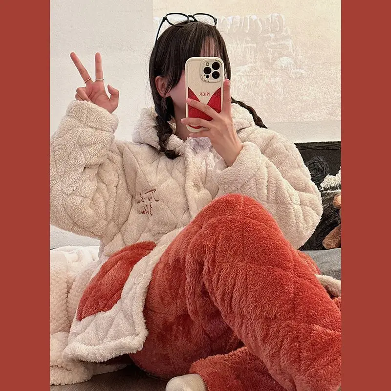 Pajamas Winter Sweet Students Plus Padd Sleepwear Suit Female Coral Velvet Flannel Cute Three-layer Cotton Home Clothes Set