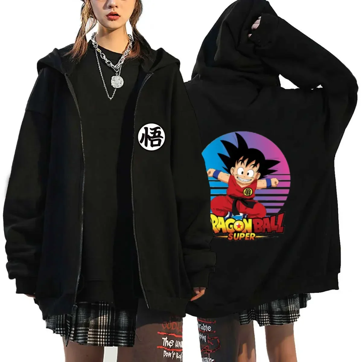 

Japanese Anime Autumn and Winter New Dragon Ball Muscle Goku Print Zipper Plus Fleece Sweater Jacket Hoodie Top