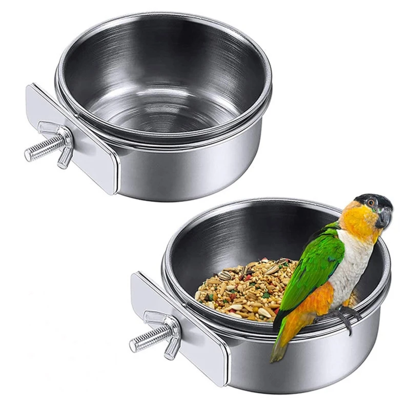 Bird Feeding Dish Cup Parrot Food Bowl Clamp Holder Stainless Steel