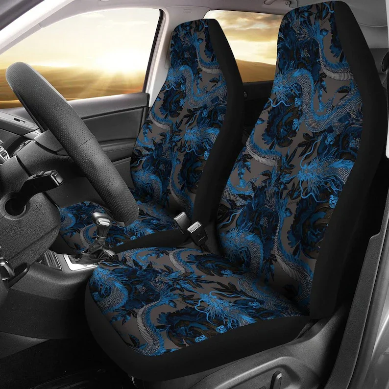 Dark Grey Blue Dragon Car Seat Covers Pair, 2 Front Seat Covers, Car