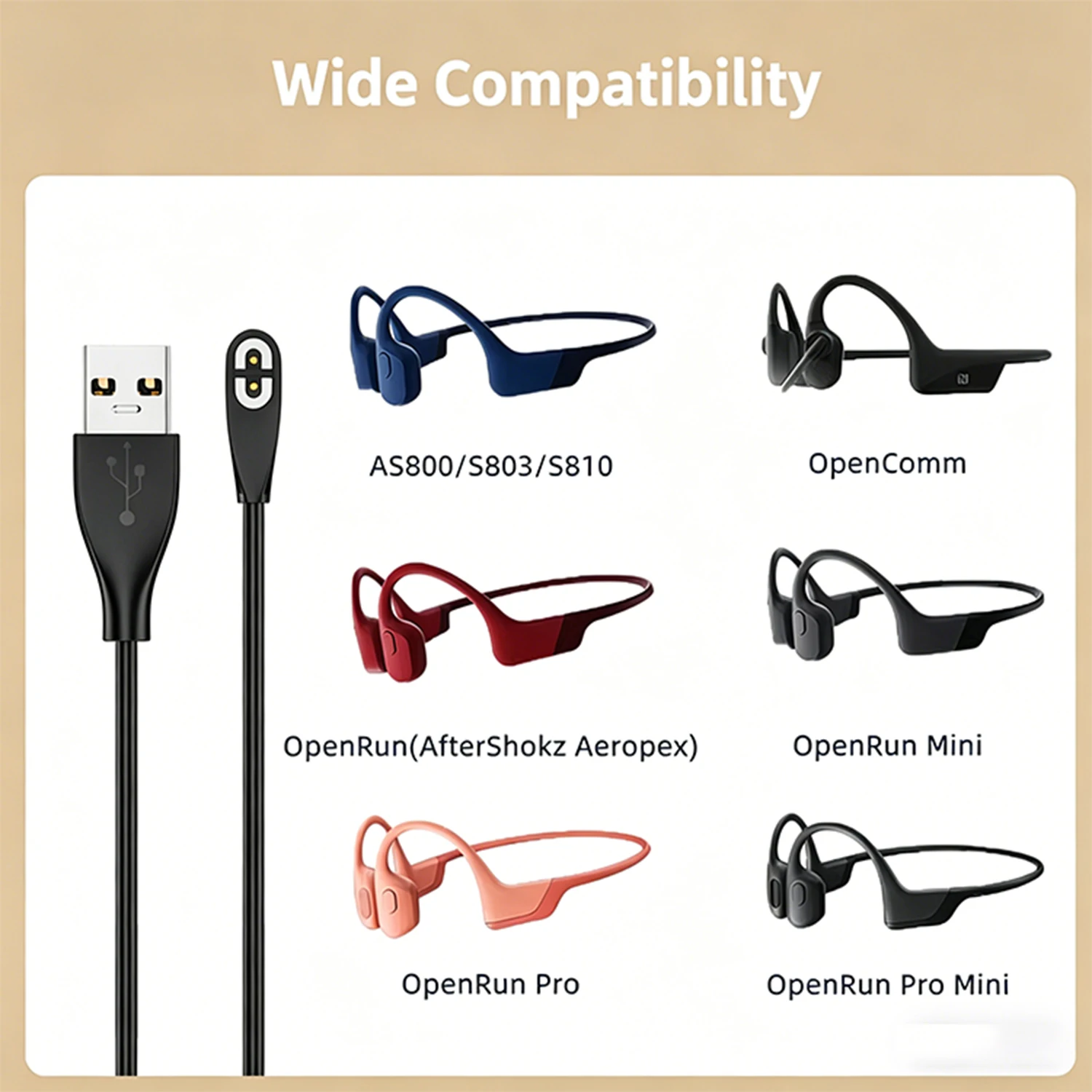Shokz 골전도 헤드폰과 호환 가능 shokz AS800, OpenRun/Pro/Mini, OpenComm용 USB Type C 자기 충전 케이블