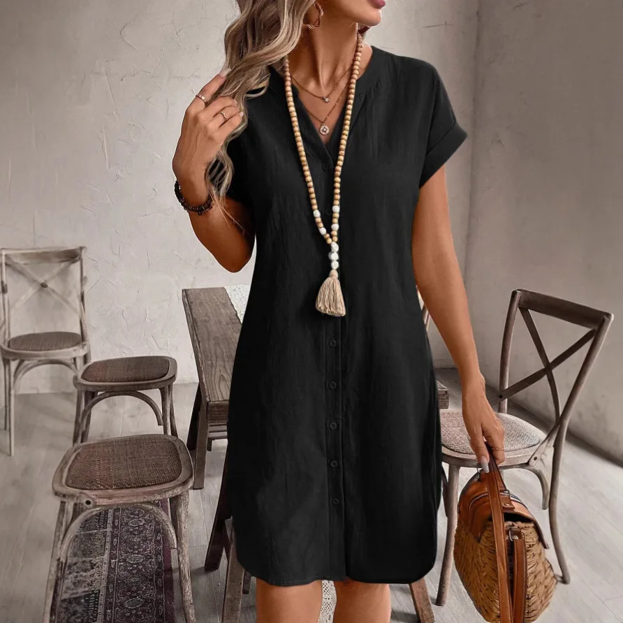 Women Casual Blouse Dress Simple V Neck Button Linen Dress Pockets Loose Large Size Shirt Dress Plus Size Womens Dresses 2