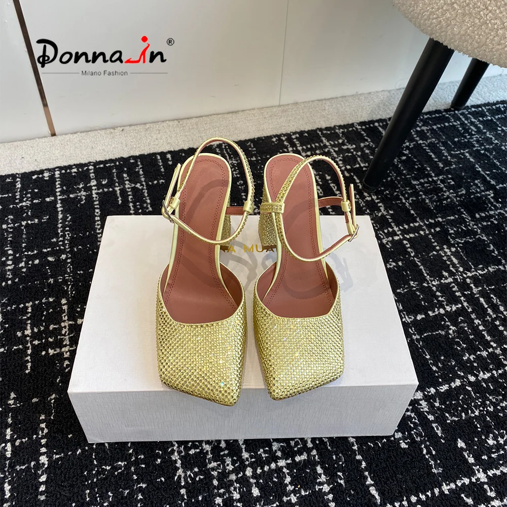 

Donna-in Woman Sandals Silk Chunky Square Leather High heels Square Toe Slingback Lady Shoes Dress Party Female Diamond Pumps