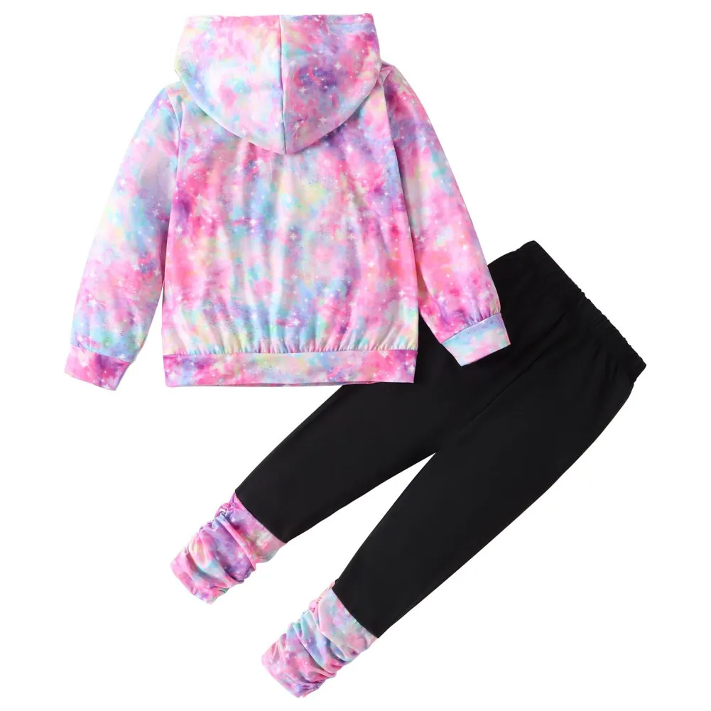 Children Girls Set Spring Autumn Casual Cartoon Printed Tie-dye Full Print Hooded Coat T-shirt Pants Kids Tracksuit 2Pcs Clothes