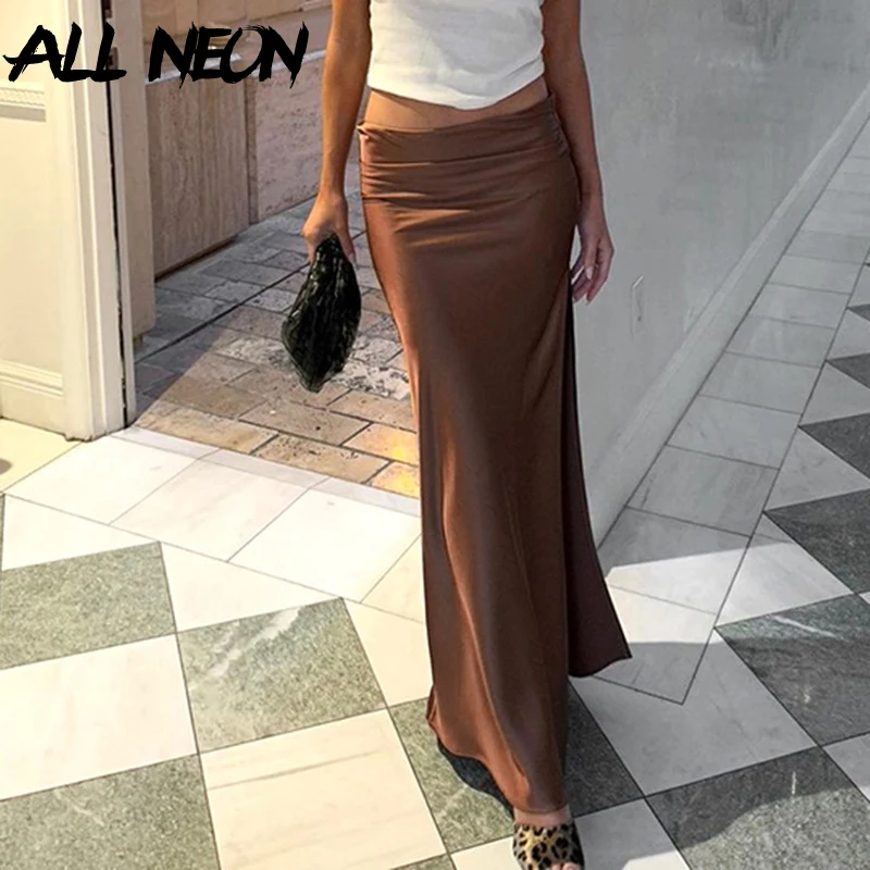 

ALLNeon Fairy Low Waisted Pleated Long Skirts Women 90s Rave Streetwear Bottoms Indie Fashion Hem Split Bodycon Skirt Zip Satin