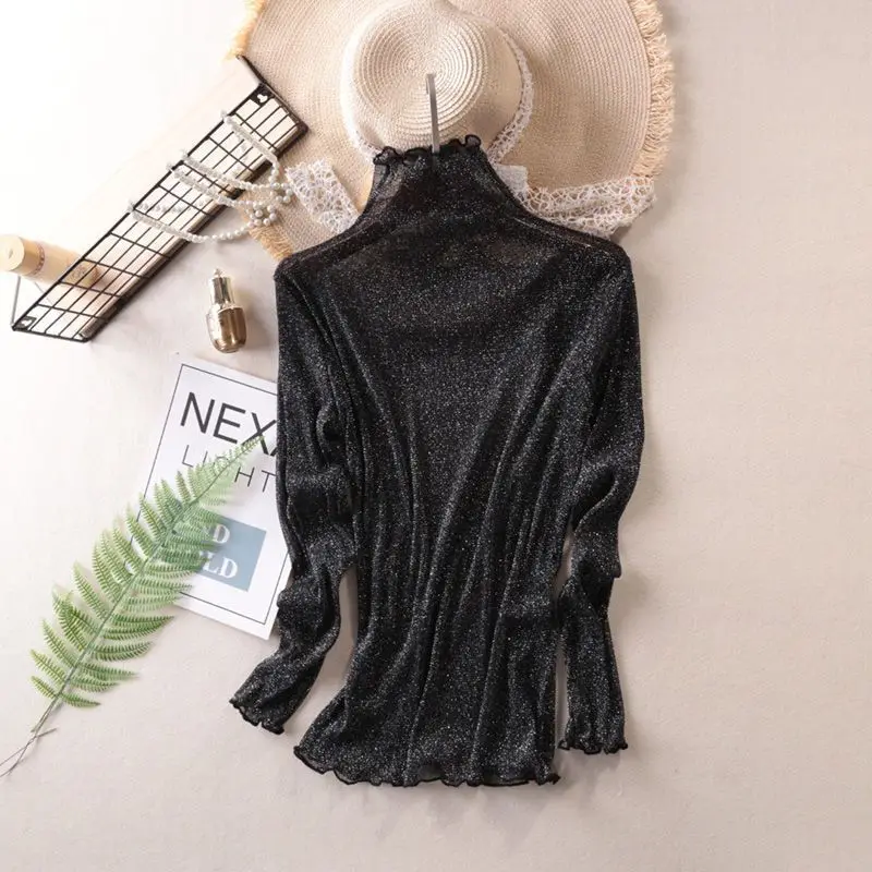 thumbnail image 1 of Camiseta ajustada elástica de manga larga con cuello alto a la moda para mujer, camisetas transparentes tipo pulóver, camisetas sexis de malla para primavera y otoño para mujer, 1 of 5