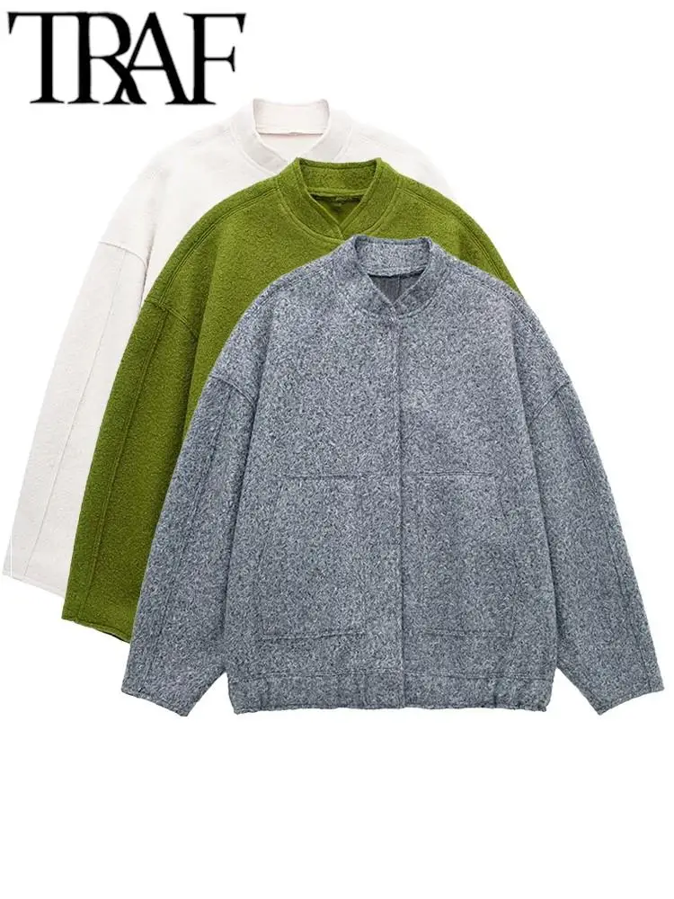 TRAF New Women's Jackets Coat Bombers Gray Outwear Long Sleeve With