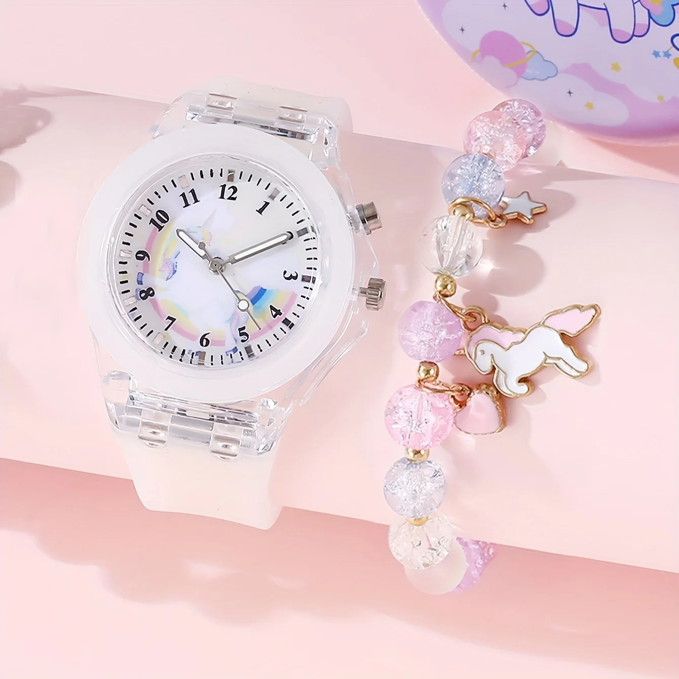 1/2pcs/set, 1pc Girls Light LED Luminous Cartoon Unicorn Quartz Wristwatch & 1pc Beaded Bracelet, Ideal choice for Gifts 5