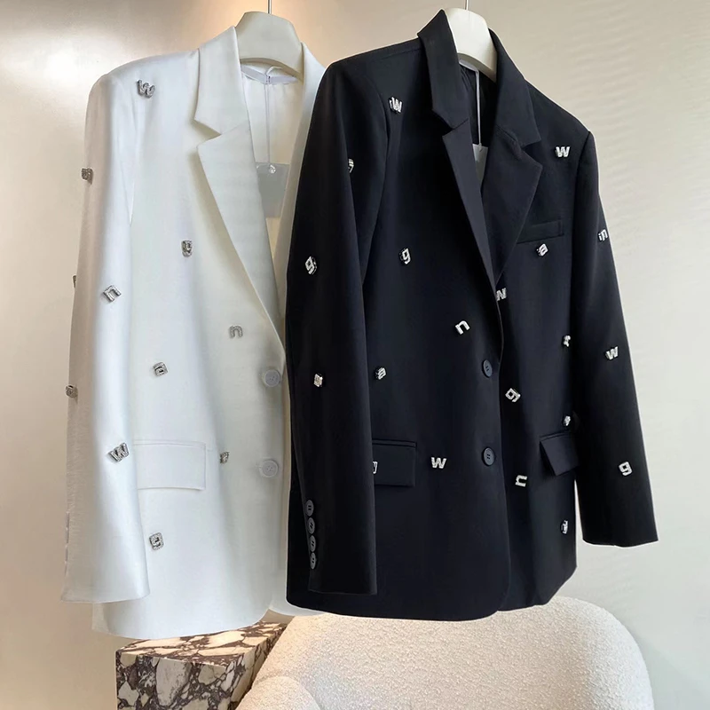 

Beaded Suit Jacket alphabets Hot Drilling OL Rhinestones Beaded Blazers Coat Cardigan Long-sleeve Turn Down Collar Tops