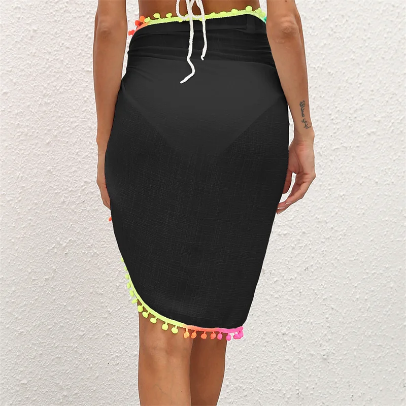 Lamuusaa Beach Skirts Sexy Women Sheer Mesh Swimsuit Wrap Skirt Bikini Cover Up with Colorful Pompom Tassel Skirt Sarongs 2