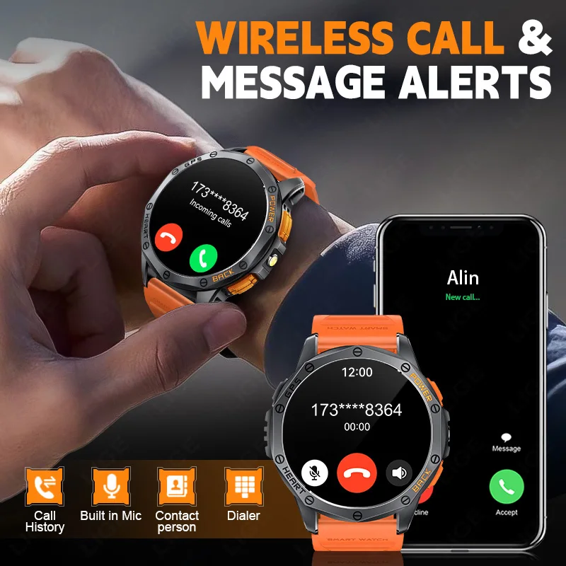 LIGE Outdoor GPS Smart Watch Men Flashlight 1.43'' AMOLED Screen Sports Watch 530mAh Large Battery Compass Altimeter Smartwatch