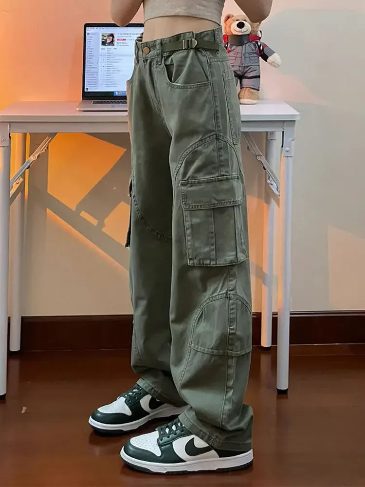 Womens Cargo Jeans with Side Pocket High Waisted Boyfriend Loose Straight Leg Techwear Denim Pant 2024 @ harajuku streetwear y2k
