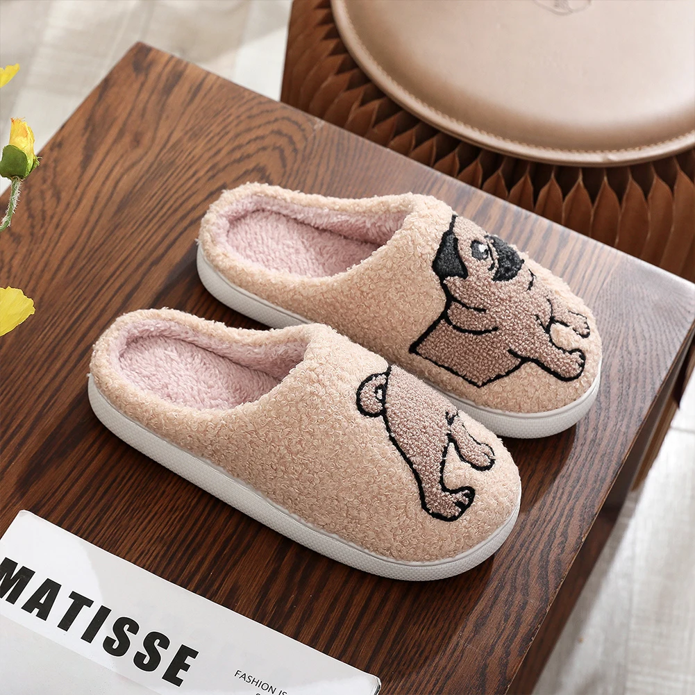 Plush Pug Slippers Fluffy Home Slippers Lovely Warm Plush Slipper Anti-slippery Soft for Winter Indoor for Men Women