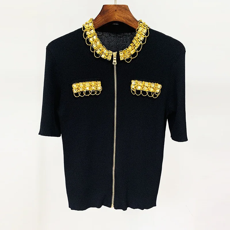 

2023 New Fashion Spring/Summer New Cool Thin Heavy Duty Studded Diamond Short Sleeve Zipper Women's Knit Shirt