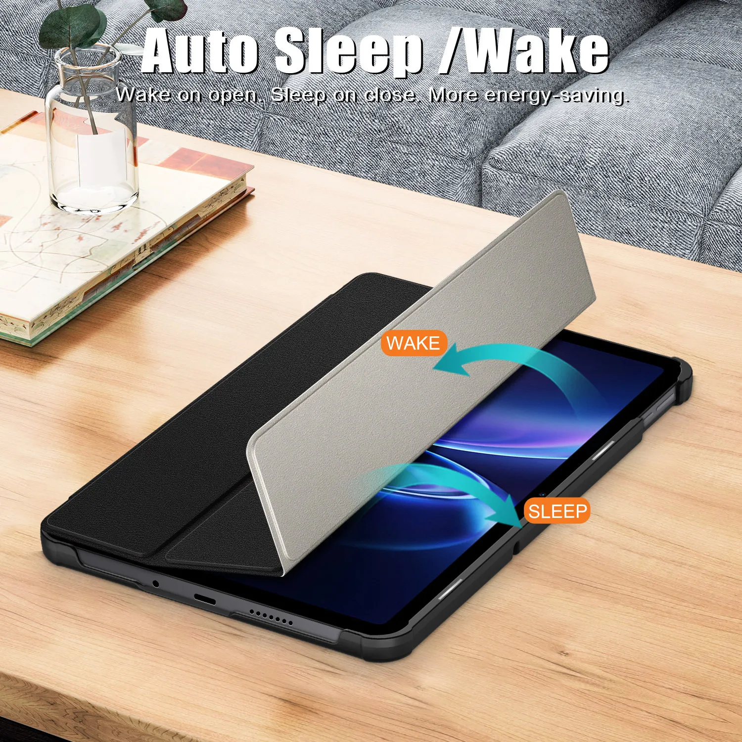Enhanced PU Leather Flip Magnetic Tri-Folding Shockproof Tablet Case with Auto Sleep/Wake Feature