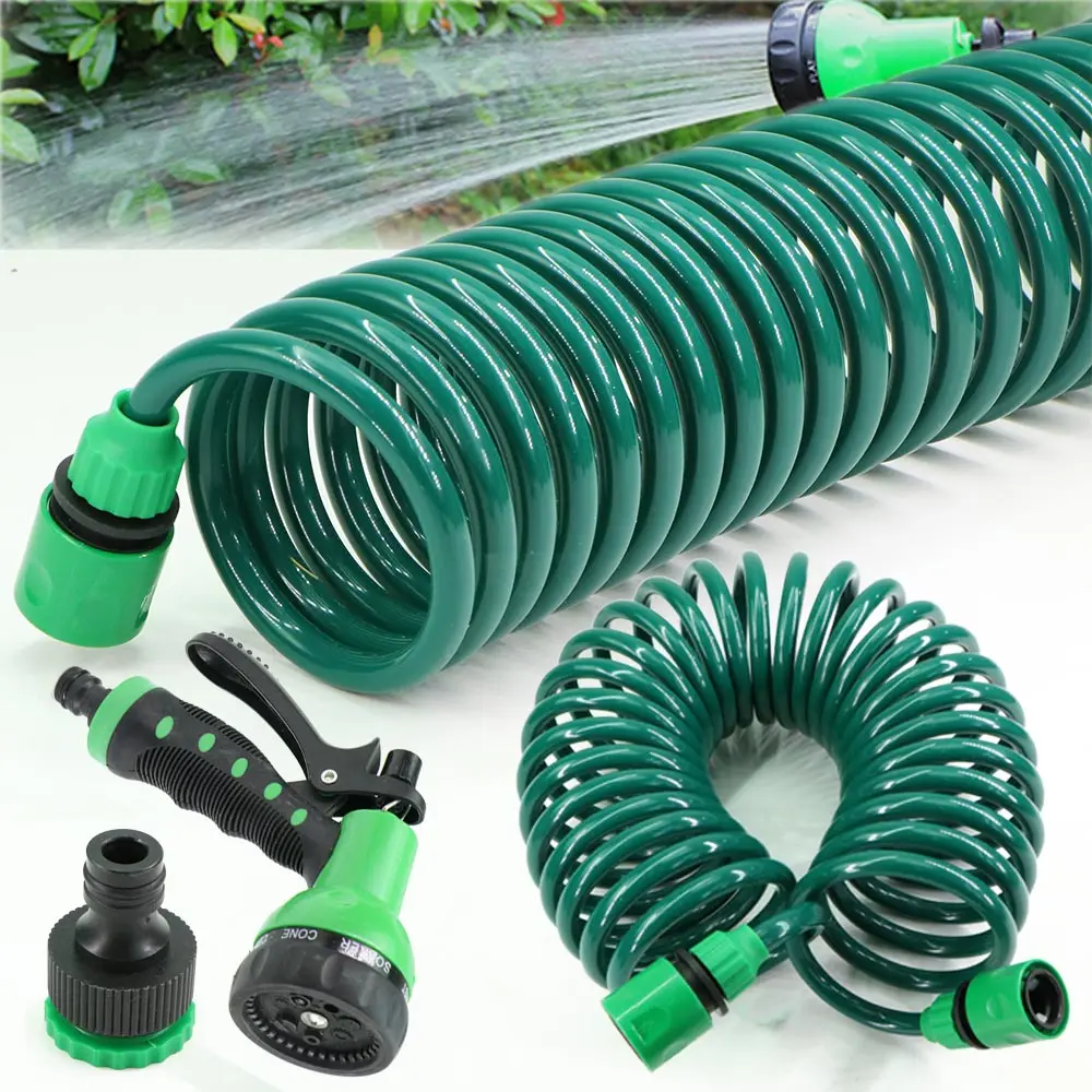 

15M Garden Flexible Irrigation Hose Sprinkler Coil Magic Retractable Watering Tube W/ Spray Gun Car Cleaning Spring Plastic Pipe