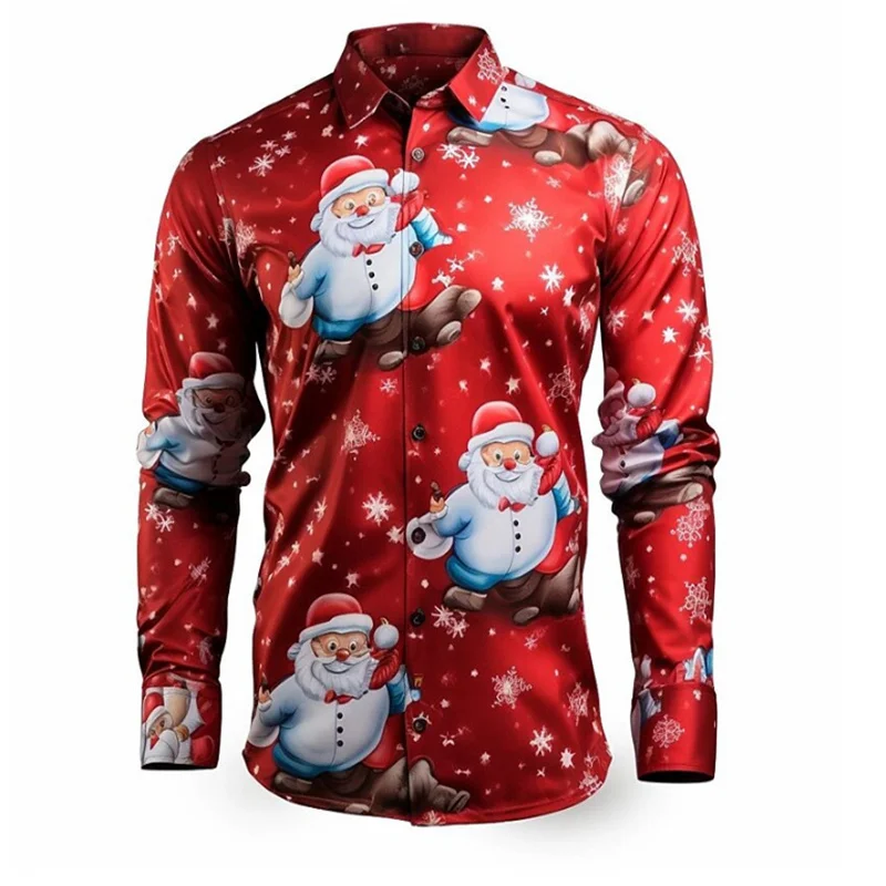 Fun Christmas Themed 3D Printed Men’s Button-Down Shirt Fashionable Hawaiian Shirt Holiday Party Casual Long Sleeve Street Top