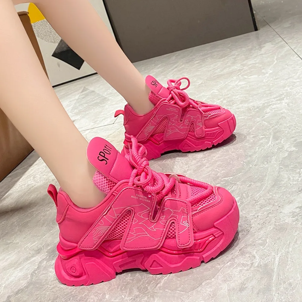

Womens Sneakers Mesh Lace Up Sports Platform High Heel Breathable Shoes Candy Colors Girls New 2024