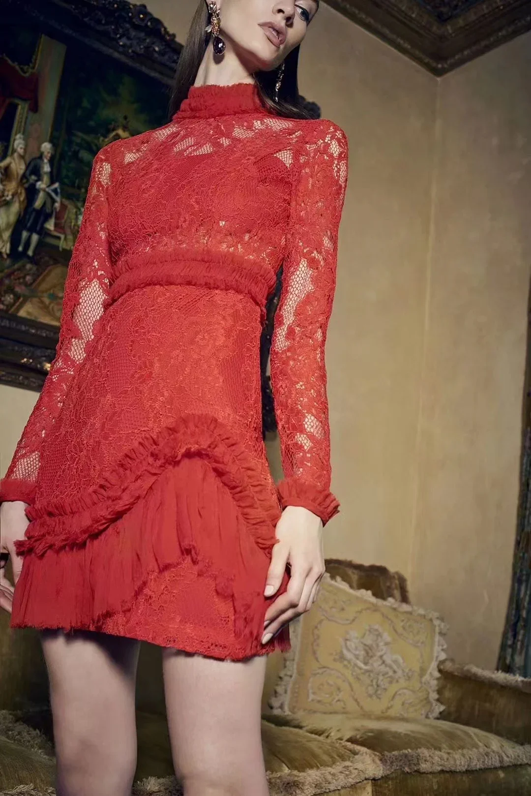 

Red Black Mini Dress Lace Elegant Lady Hollow Out Long Sleeve Woman Clothes New High Quality