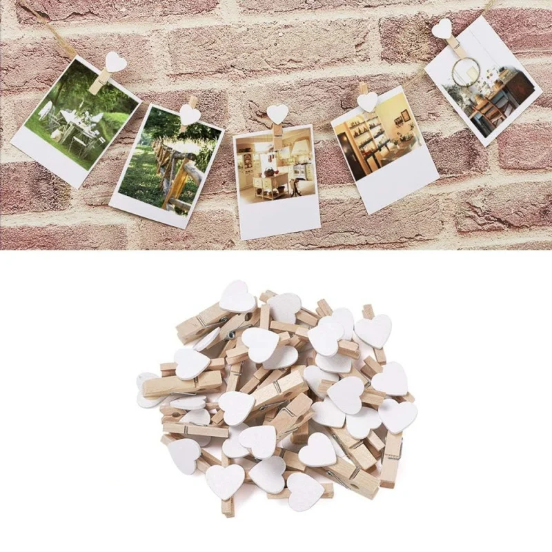 50 Stück weiße Herz-Wäscheklammern aus Holz für Fotopapier, Bastelklammern für Papier, Fotodisplay, zum Aufhängen, für Zuhause, Party, Hochzeit, Dekoration