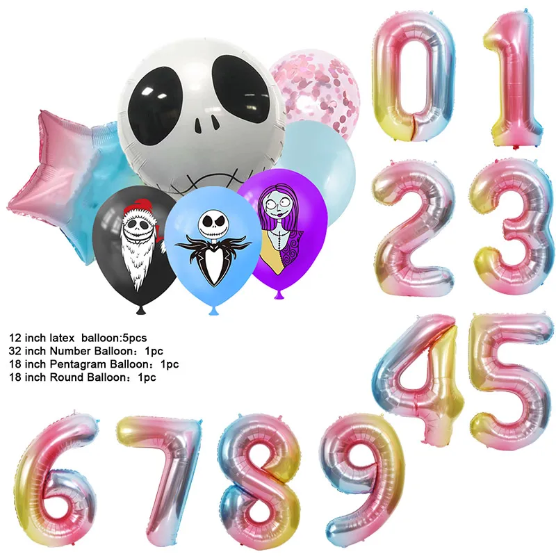 thumbnail image 1 of Juego de globos digitales de látex para decoración de fiesta de cumpleaños con temática de Halloween de Pesadilla antes de Navidad, regalo para baby shower para niños y niñas, 1 of 5