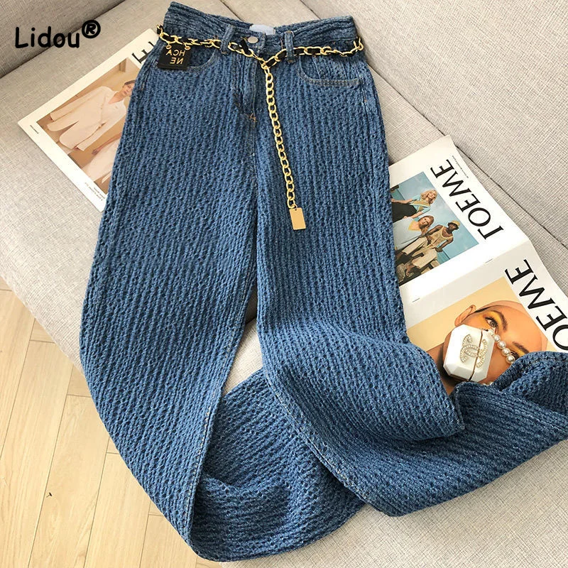 

Autumn All-match Higt Waist Pockets Patchwork Button Wide Leg Pants Washed Zipper Loose Advanced Blue Women Straight Jeans Trend