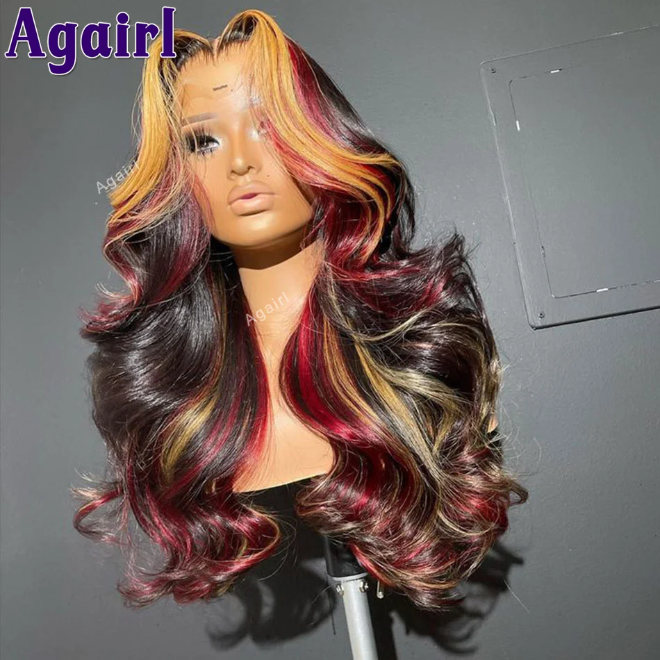 Peruca frontal de renda sem cola para mulheres, perucas de cabelo humano pré-arrancadas, vermelho destaque, loiro colorido, 200%, fechamento de renda 6x4