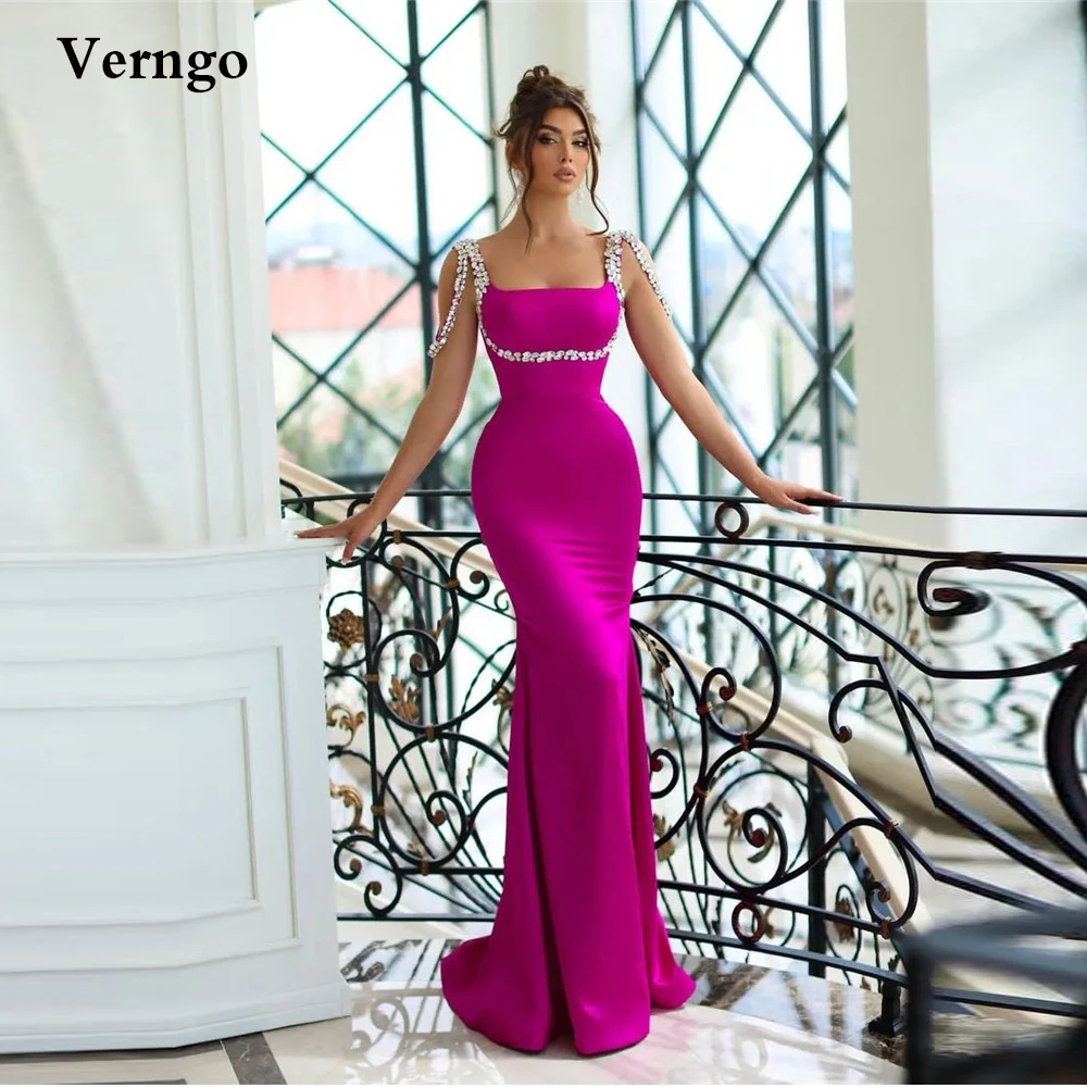 

Verngo Hot Pink Satin Mermaid Evening Dresses Beads Straps Square Neck Slim Custom Simple Prom Dress 2022 Formal Party Gowns