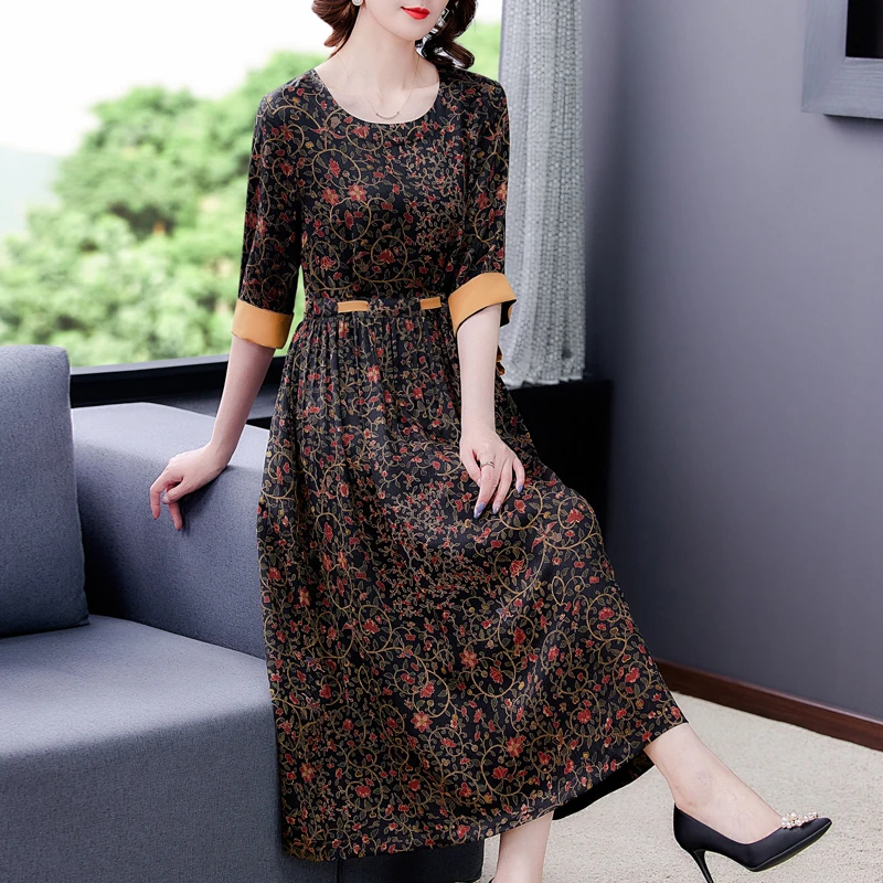 

2023 New Fashion Silk Printed Dress Women's Summer Versatile Round Neck 3/4 Sleeve Loose Fit Casual Holiday Dress Vestidos