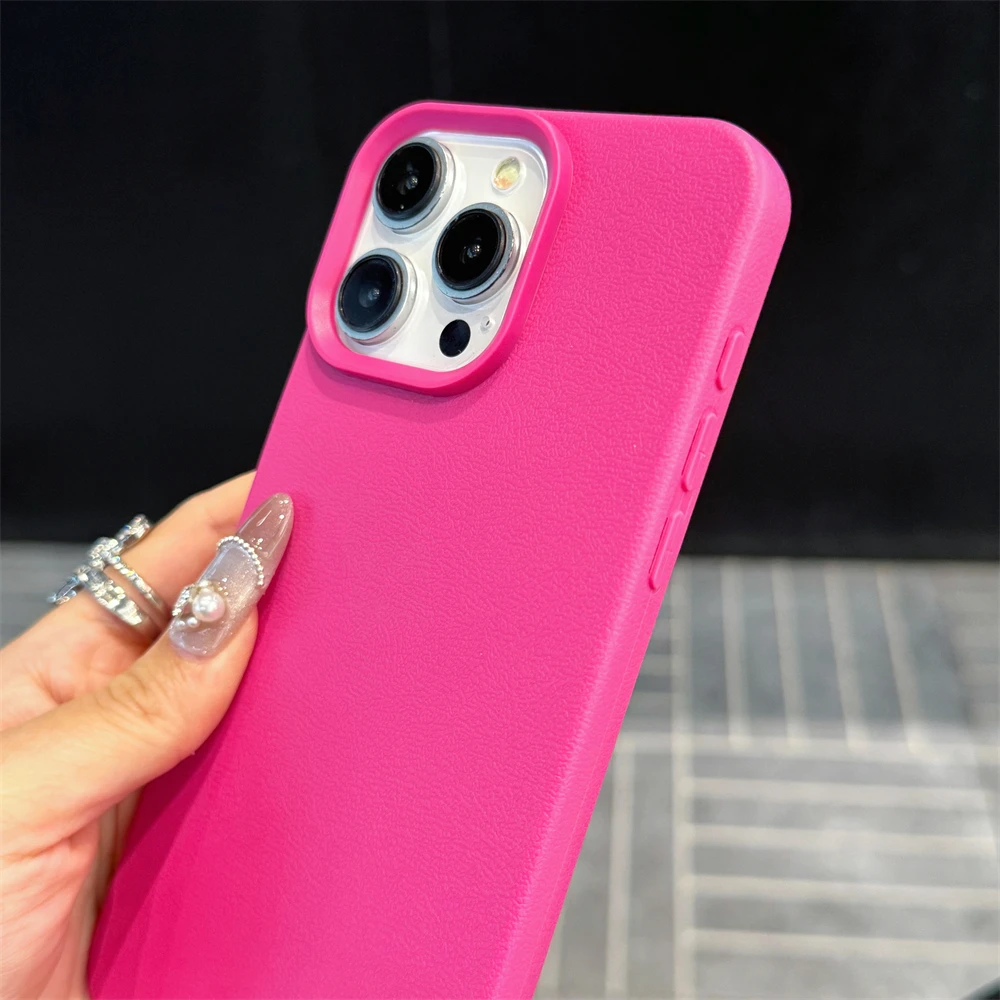 Étui en cuir à texture bonbon mignon et tendance avec dragonne pour iPhone 15 14 11 12 13 16 Pro Max Plus X XR XsMax Couverture de couleur unie_voghion.com