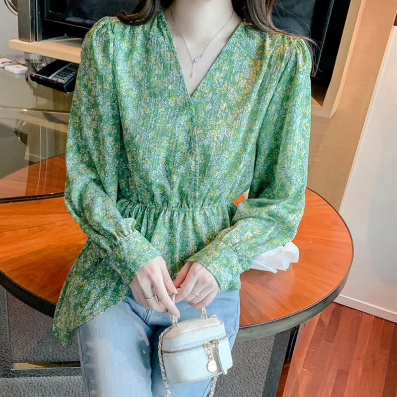 Spring Autumn New Fashion Long Sleeve Blouse Women High Street Casual Printing Shirring Button Pullovers Asymmetrical Chic Tops
