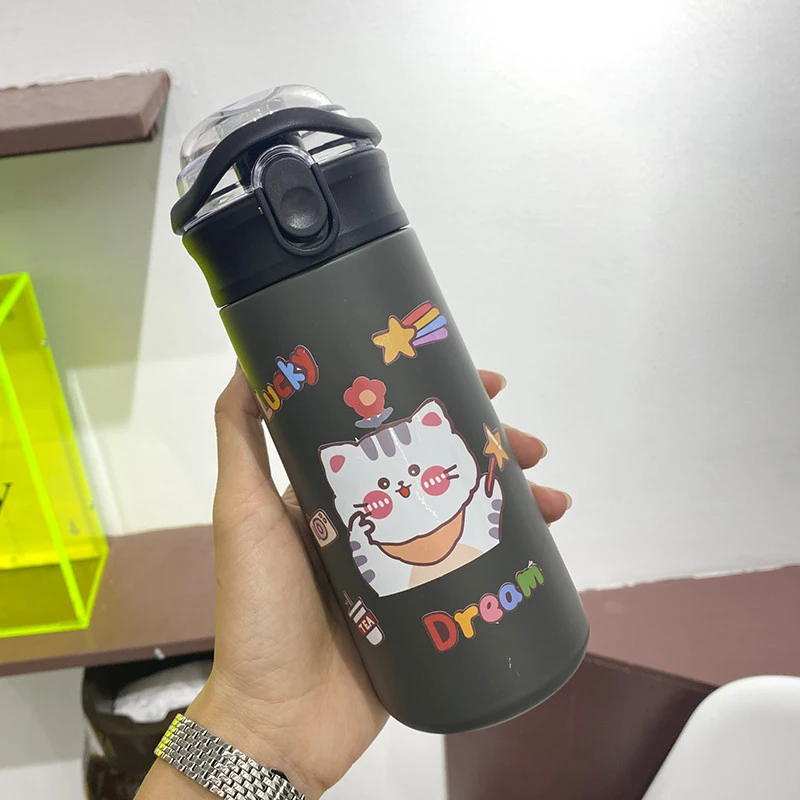 Double-Drink Tumbler Kawaii Kids Insulated Cups Cute Water Bottle For Girls  Cartoon Portable Straw Thermos Coffee Vacuum Flasks