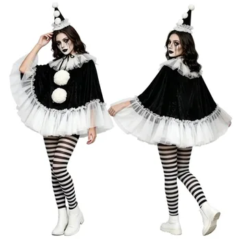 Costume da Clown Pierrot per Donne, Mantello in Pizzo Bianco e Nero, Costume da Clown per Feste di Carnevale, Outfit per Cosplay di Halloween per Donne Adulte