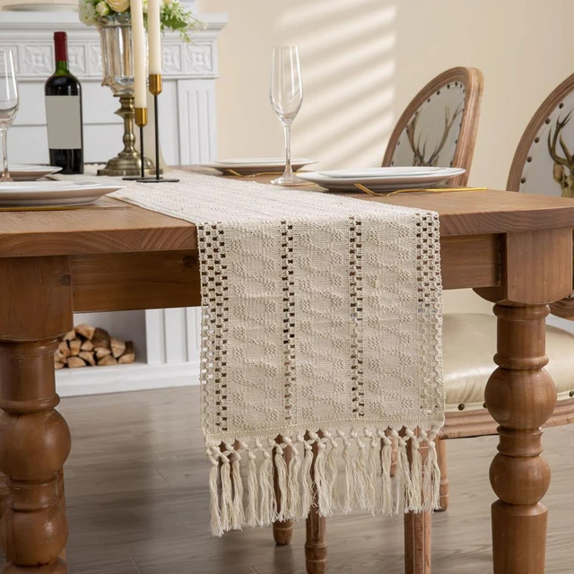 Chemin de table en macramé bohème avec glands, rustique, tissé