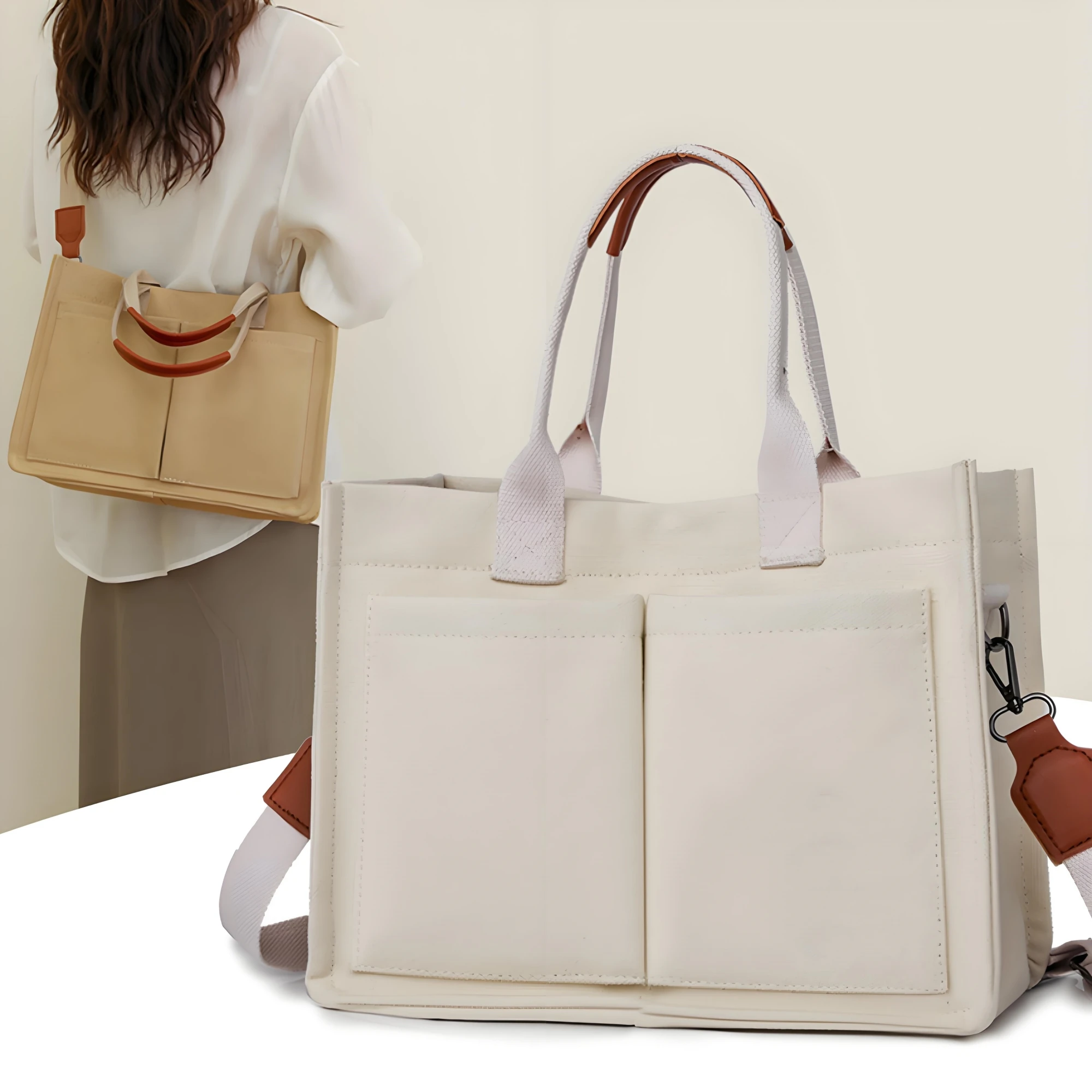 Women's Canvas Tote Bag With Pockets - Everyday Satchel Handbag With Adjustable Strap