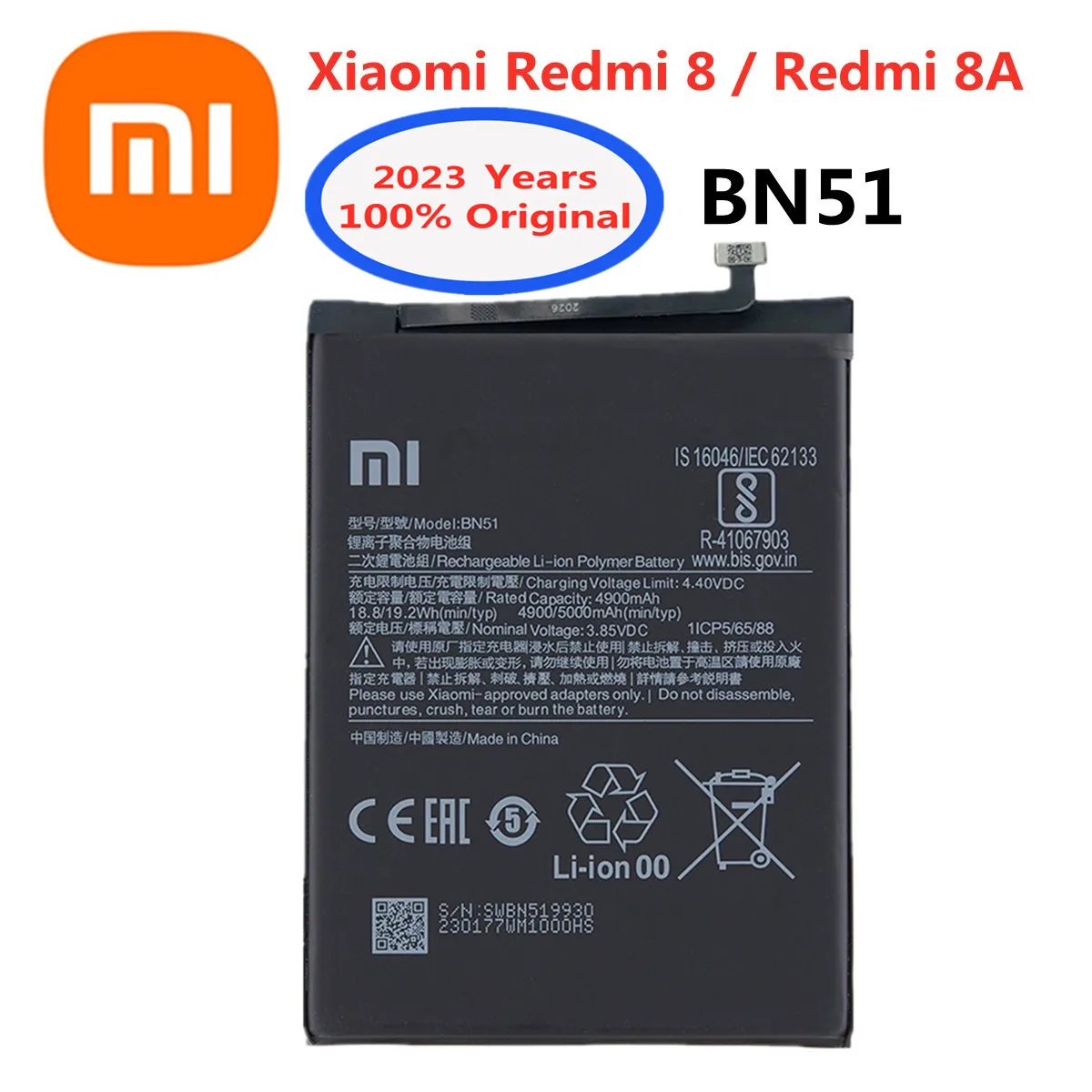 

2023 Years New Xiao mi 100% Orginal BN51 Mobile Phone Battery for Xiaomi Redmi 8 8A Redmi8 Redmi8A Replacement Batteries 5000mAh
