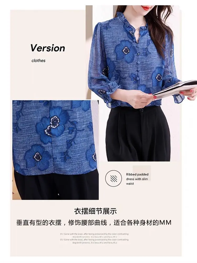 Herbst Mode Vielseitig Holz Ohr Hals Neun-punkt Hülse Gedruckt Chiffon Hemd frauen Lange ärmeln Top Stehkragen hemd – Detail 9