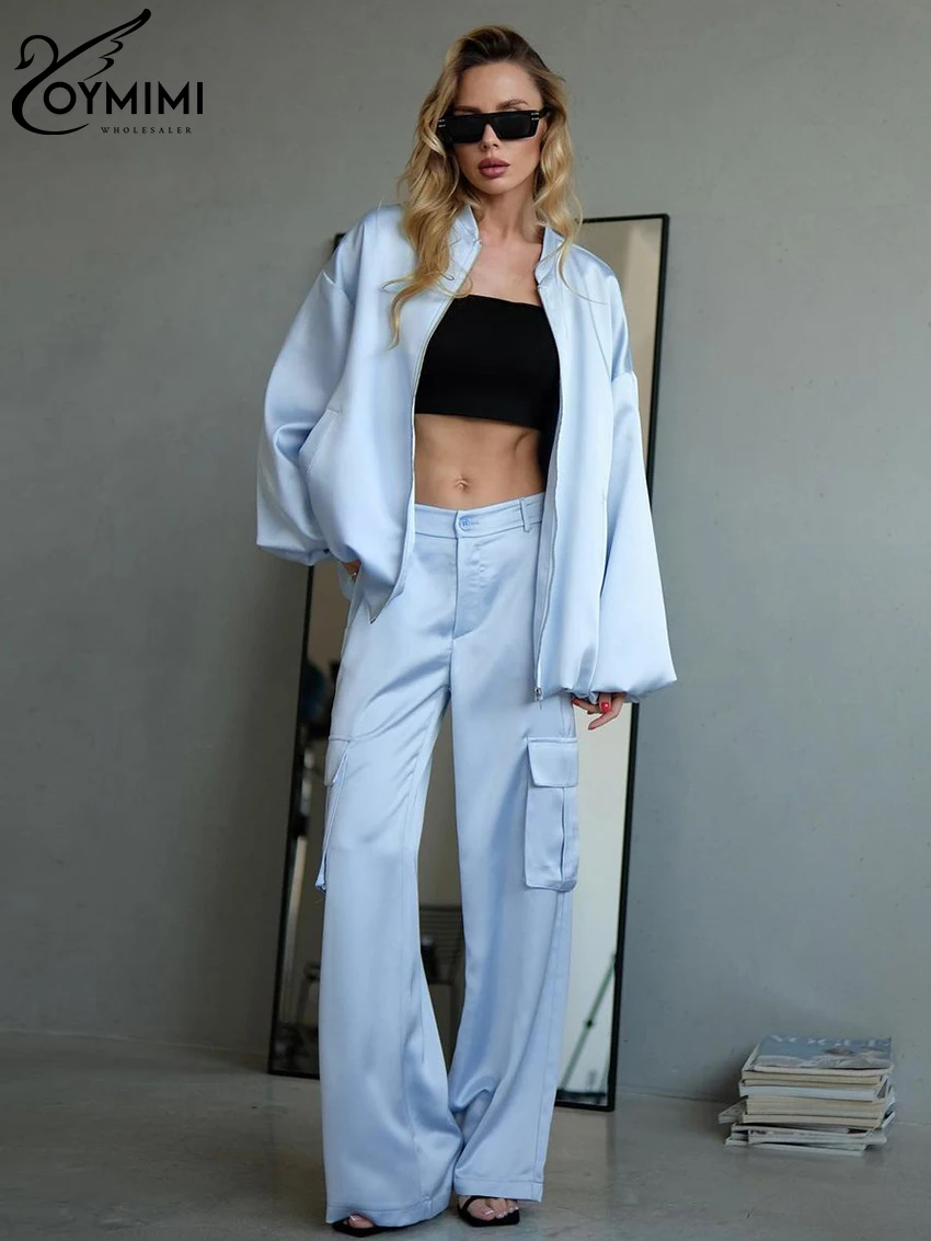 

Oymimi Fashion Loose Blue Satin Pants Sets For Women 2 Pieces Elegant Long Sleeve Zip Top With Mid Waist Cargo Trousers Suits